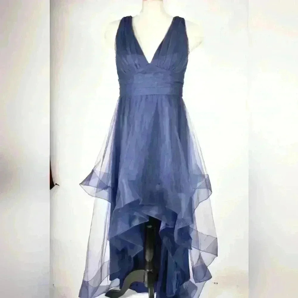 CHI CHI LONDON Navy Asymmetrical Poly Tule Mesh Brides  Plunge Dress 8US Medium